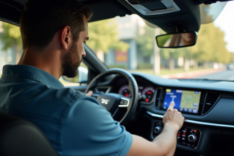 Homme au volant utilisant le GPS dans une voiture moderne