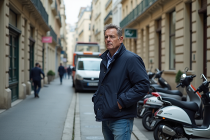 Homme français téléphone dans la rue parisienne