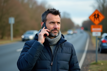 Homme d'âge moyen parlant au smartphone près d'un panneau routier