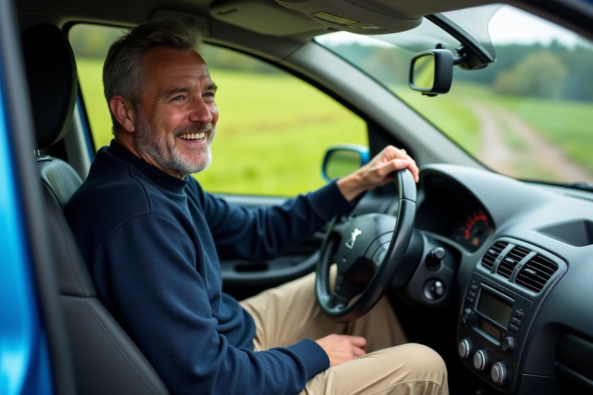 Homme dans la voiture Peugeot 206 en campagne