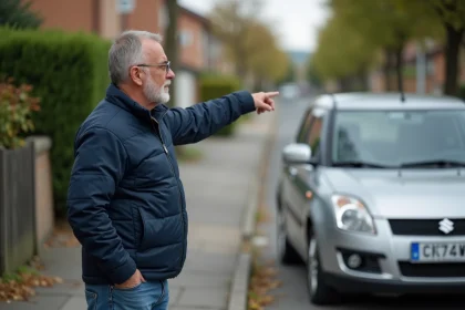 Homme curieux pointant une plaque d'immatriculation européenne