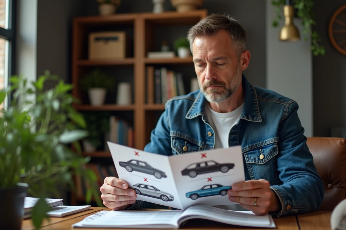 Homme examine brochure de voitures dans un intérieur cosy