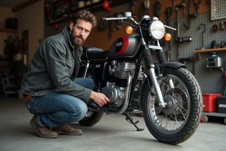 Homme barbu révisant une moto KZ 400 en atelier
