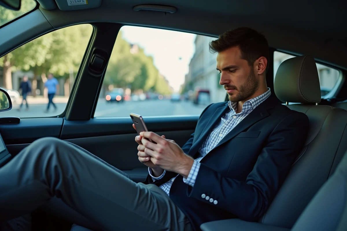 Homme en voiture électrique vérifiant son téléphone