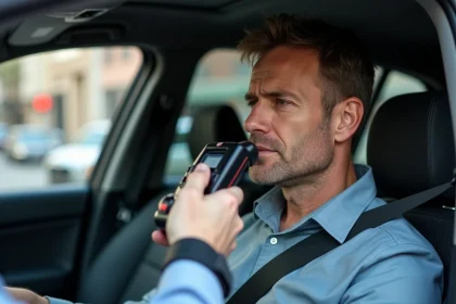 Homme soufflant dans un alcootest dans sa voiture