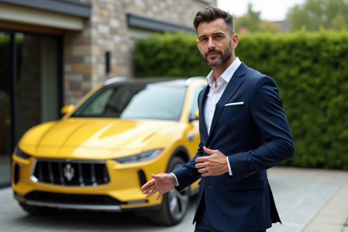 Homme en costume navy près d'un SUV de luxe jaune