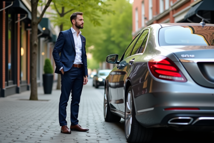Homme en costume navy inspectant une voiture élégante en ville