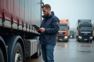 Homme vérifiant un tableau numérique près d’un camion industriel