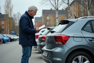 Homme examinant une plaque d'immatriculation de voiture