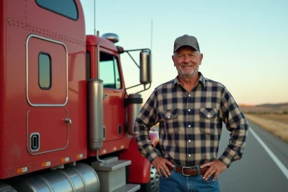 Homme d'âge moyen avec camion rouge vintage sur l'autoroute