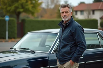 Homme en veste navy avec voiture vintage dans un quartier résidentiel