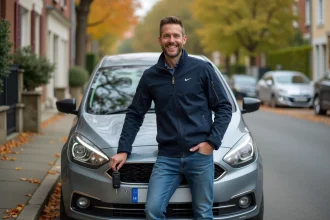Homme souriant avec voiture en automne dans un quartier