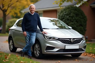 Homme d'âge moyen devant une voiture en automne