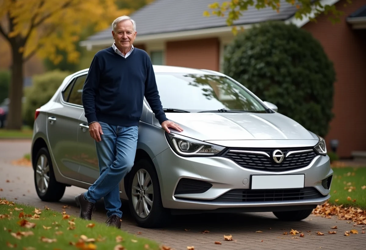 Homme d'âge moyen devant une voiture en automne