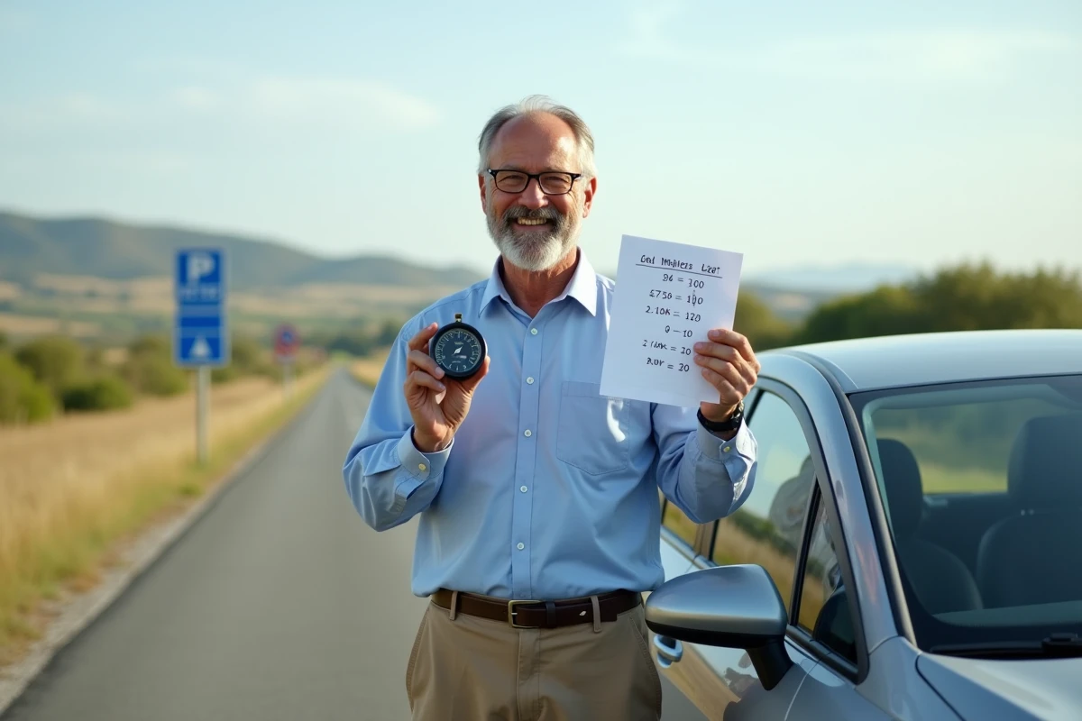 Homme montrant un compteur de vitesse et un tableau de conversion