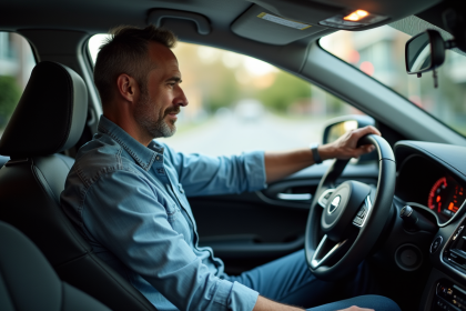Homme assis dans une voiture moderne vérifiant le tableau de bord