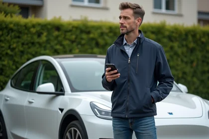 Homme avec clés et smartphone près d'une voiture électrique