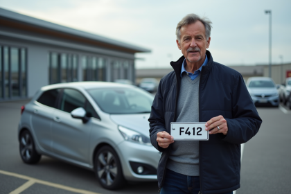 Homme français tenant une plaque d'immatriculation devant une voiture