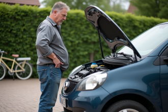 Homme d'âge moyen examine le moteur d'une voiture compacte