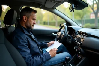 Homme en voiture regardant un note pour le code radio