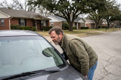 Homme d'âge moyen inspectant un petit objet dans le pare-brise