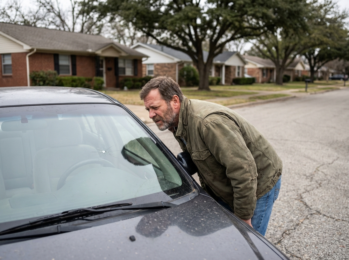 Homme d'âge moyen inspectant un petit objet dans le pare-brise