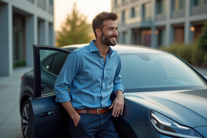 Homme souriant près d'une voiture moderne 2025 en ville