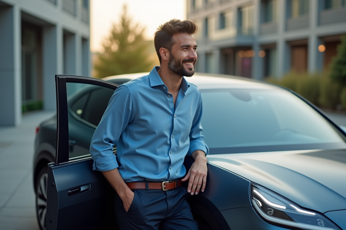 Homme souriant près d'une voiture moderne 2025 en ville