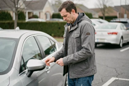 Homme bloqué devant sa voiture verrouillée sans clé dans un parking résidentiel
