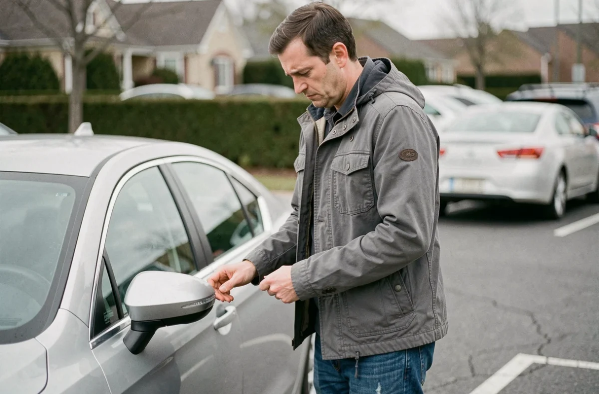 Homme bloqué devant sa voiture verrouillée sans clé dans un parking résidentiel