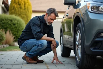 Homme vérifiant le pneu d'une voiture dans une cour résidentielle