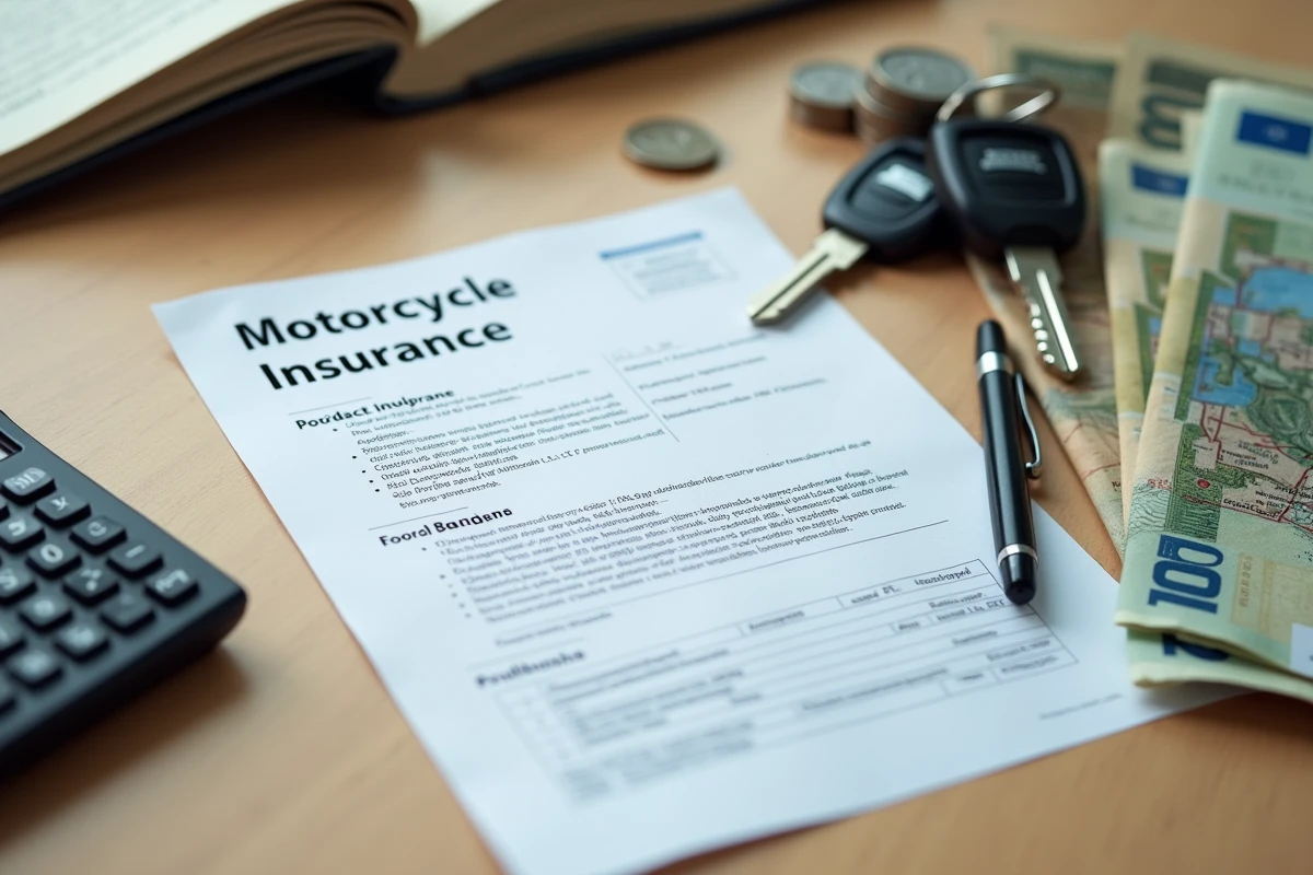 Documents d'assurance moto Honda CB 900, calculatrice, clés et billets en euros sur un bureau en bois pour illustrer le budget annuel