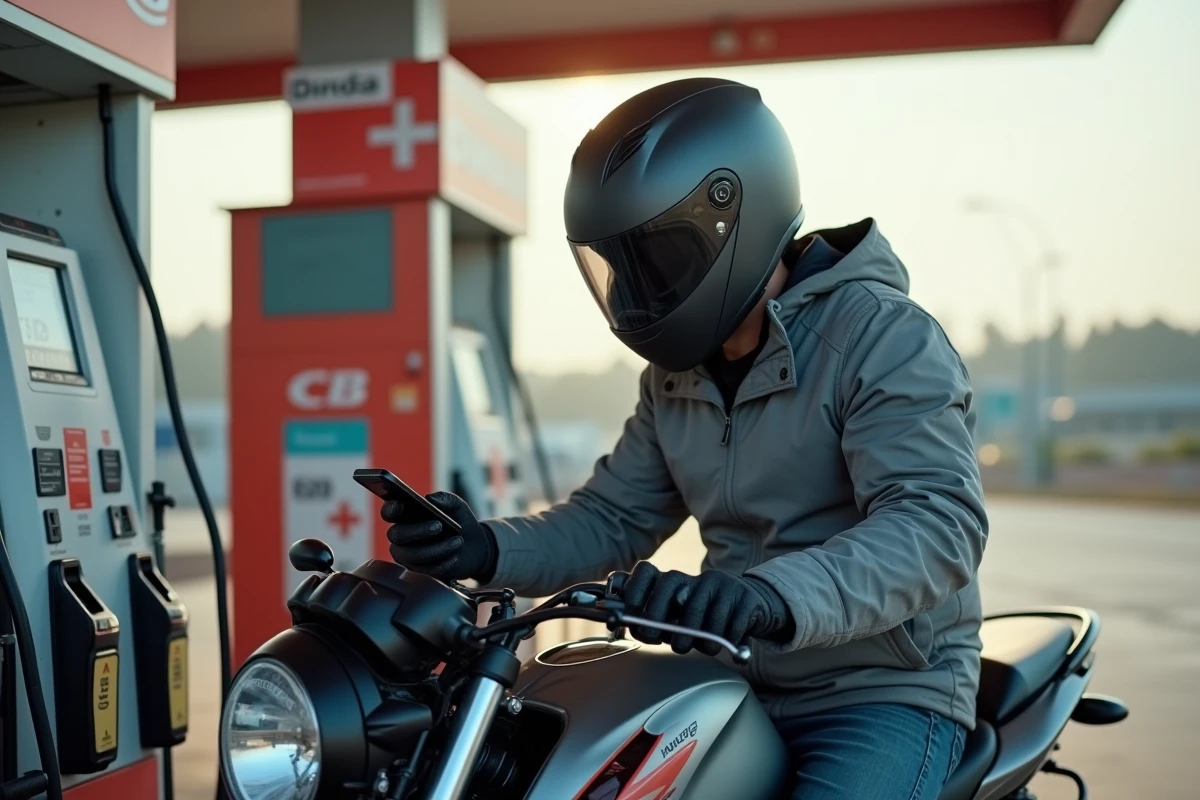 Motard en veste textile grise faisant le plein de sa Honda CB 900 dans une station-service, consommation en carburant illustrée