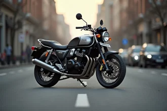 Honda CB 900 garée en ville avec détails de carrosserie noire et argentée, vue 3/4 avant sur fond urbain flou