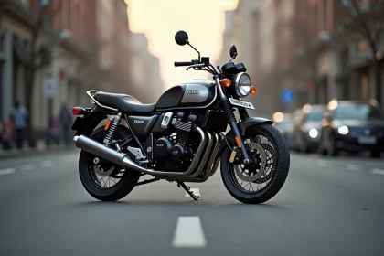Honda CB 900 garée en ville avec détails de carrosserie noire et argentée, vue 3/4 avant sur fond urbain flou