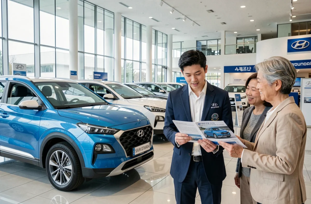 Conseiller Hyundai GCA Rennes présentant un SUV d'occasion à un couple de clients dans le showroom de la concession