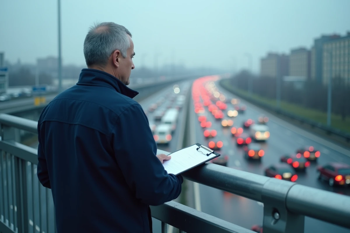 Ingénieur de circulation urbaine observant les bouchons depuis un pont autoroutier