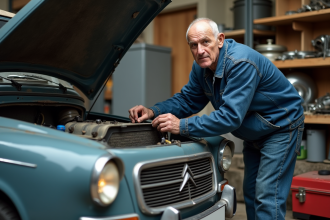 Homme inspectant le moteur d'une Citroën P1351 vintage