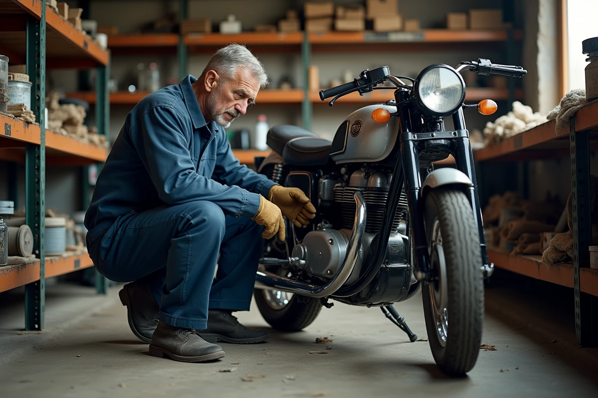 Mécanicien inspectant le moteur d'une moto d'occasion dans un garage privé, illustration de l'achat de moto à petit budget à Agde