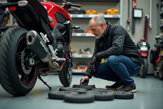 Mécanicien moto inspectant des pneus et freins sur une Honda