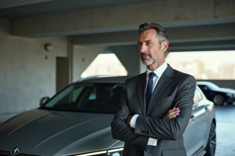 Homme en costume inspecte une voiture de luxe dans un parking haut de gamme avant une vente prestige