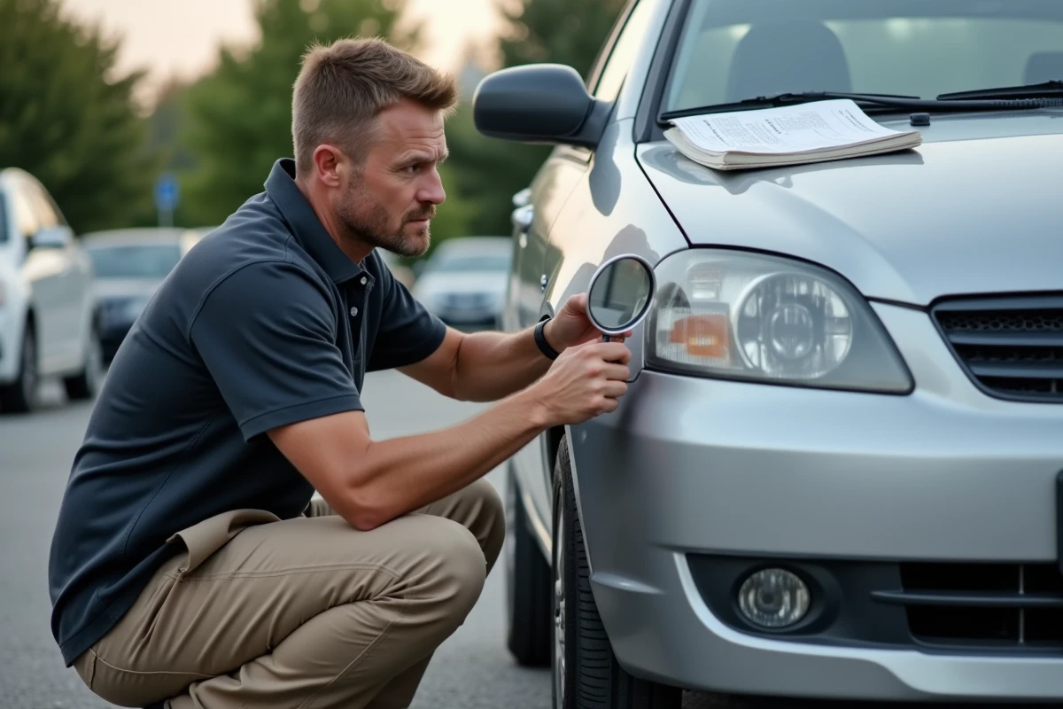 Un inspecteur automobile examinant minutieusement une voiture d'occasion, représentant les vérifications indispensables lors d'un achat sur Aramis Auto