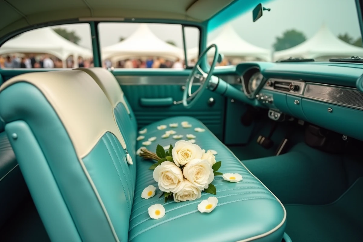 Intérieur vintage d'une Chevrolet Impala décorée de pétales de pivoine blanche et d'un bouquet de mariée pour un mariage