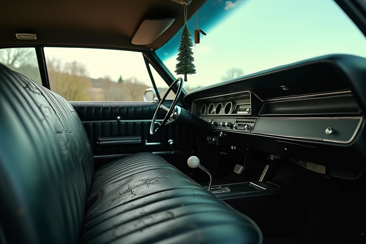 Intérieur usé et authentique de l'Impala 1967 de Dean Winchester, avec la banquette vinyle craquelée, le tableau de bord vintage et les cassettes audio