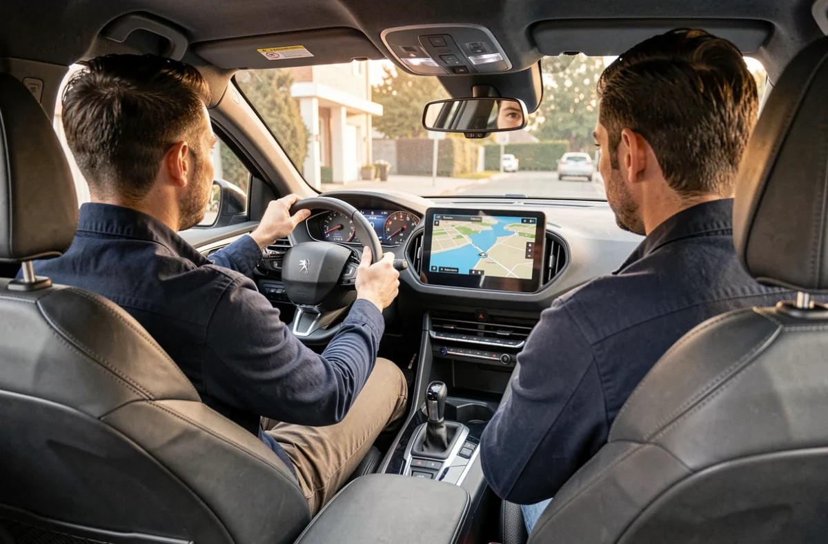 Intérieur de la Peugeot 308 avec tableau de bord i-Cockpit et conducteur au volant