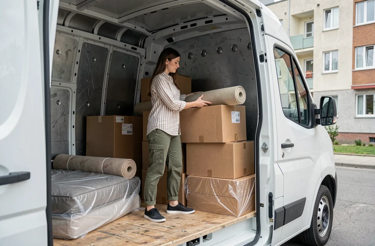 Femme organisant des cartons et meubles emballés à l'intérieur d'un Renault Master van 11m3 pendant un déménagement économique