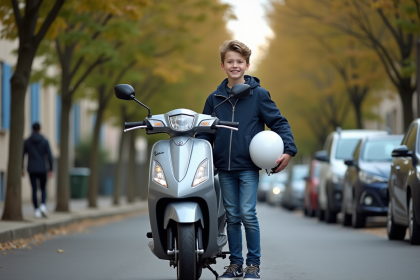 Adolescent souriant avec scooter dans une rue française