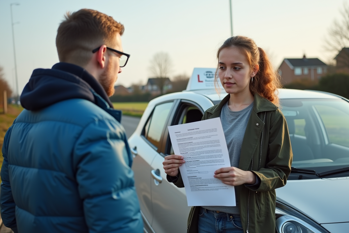 Jeune adulte montrant un document de conduite à un moniteur près d'une voiture compacte