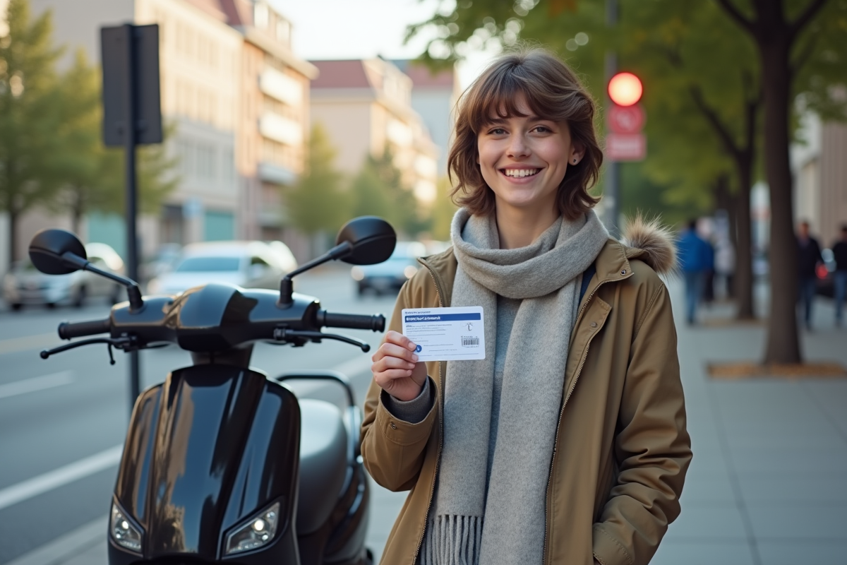 Jeune adulte montrant son permis avec un scooter électrique moderne