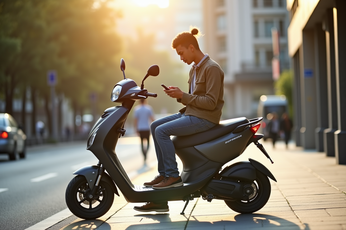 Jeune adulte sur scooter urbain vérifiant son smartphone